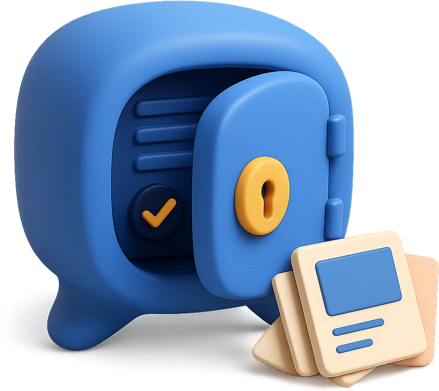 A safe shaped like a speech bubble holds the messages; the photos stay outside.